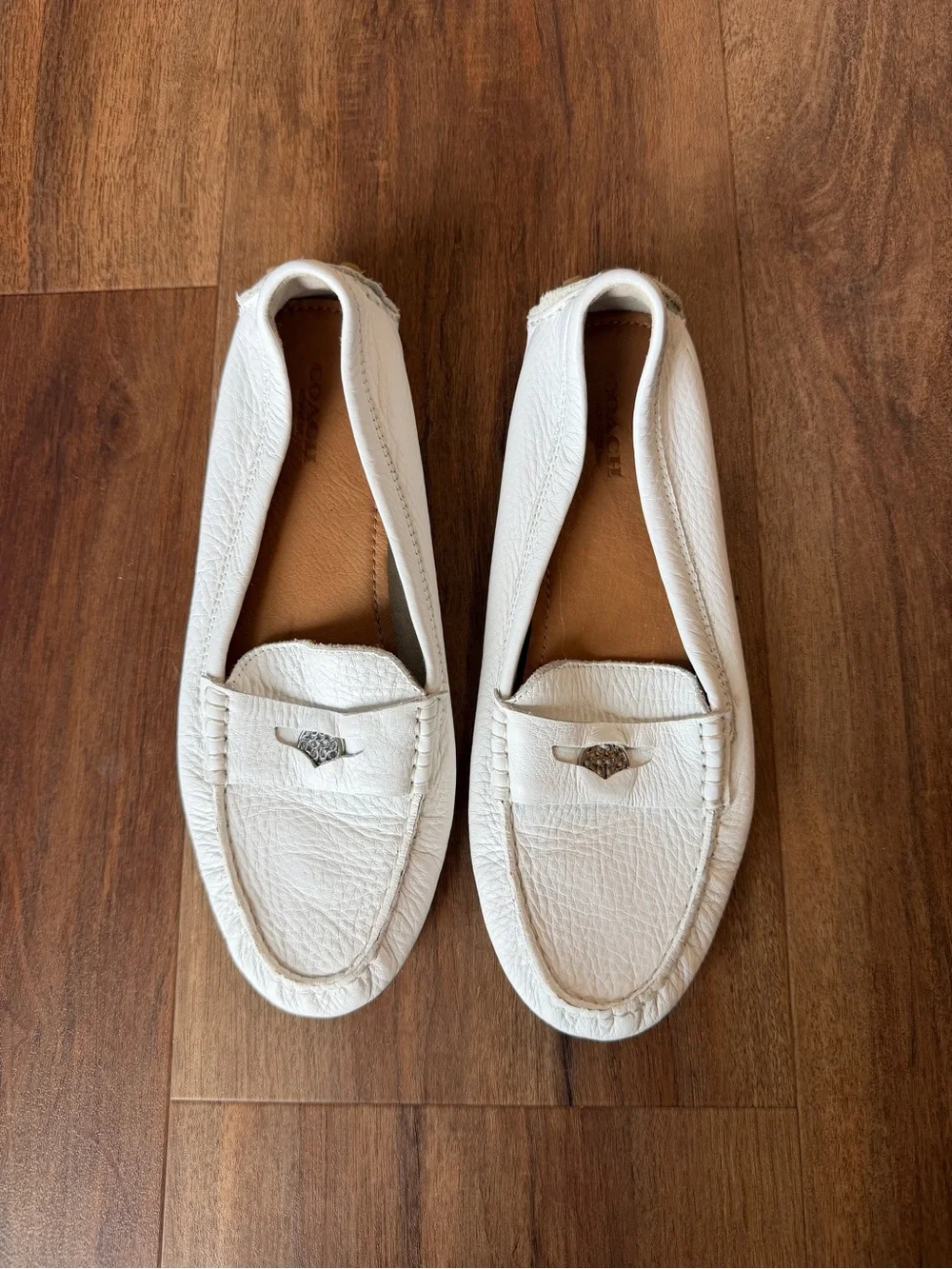 Coach White Pebbled Leather Driving Loafers